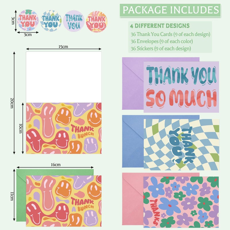 Thboxes 36 Pack Thank You Cards with Envelopes, 4x6 Inch Thank You Cards with Envelopes & Stickers, Cute Greeting Card for Birthday, Wedding, Baby Shower, Bridal Shower, Thanksgiving, Christmas - Image 3